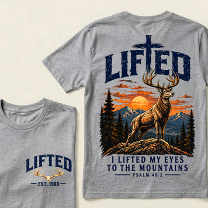 Custom EST.Year Lifted I Lifted My Eyes To The Mountains – Christian Deer & Mountain Graphic Tee