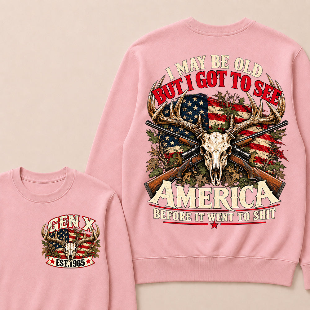 Funny Gen X Hunter Crewneck, Vintage Deer Skull American Flag Tee, Retro 1965 Hunting Gift, Patriotic Hunter Crewneck
