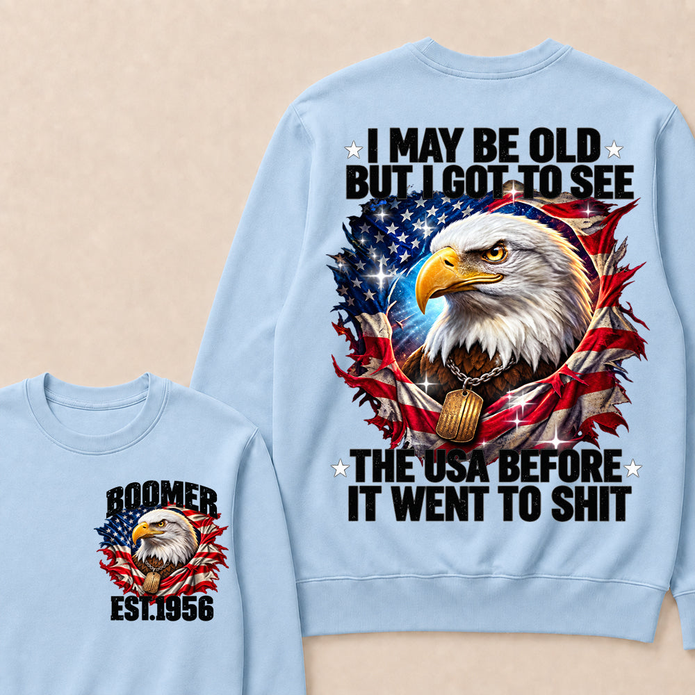 Boomer EST.Year I May Be Old But I Got To See America Longhorn Skull Retro Patriotic Eagle Sweatshirt