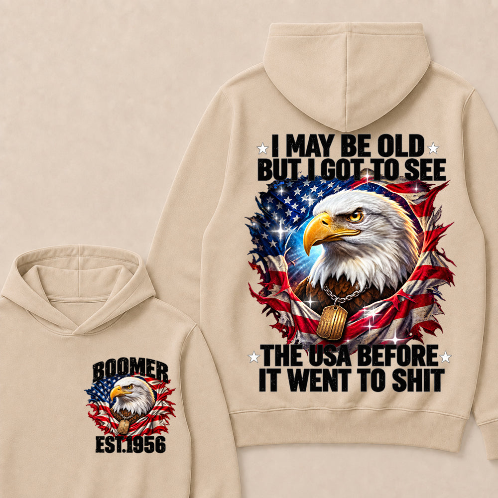 Boomer EST.Year I May Be Old But I Got To See America Longhorn Skull Retro Patriotic Eagle Hoodie