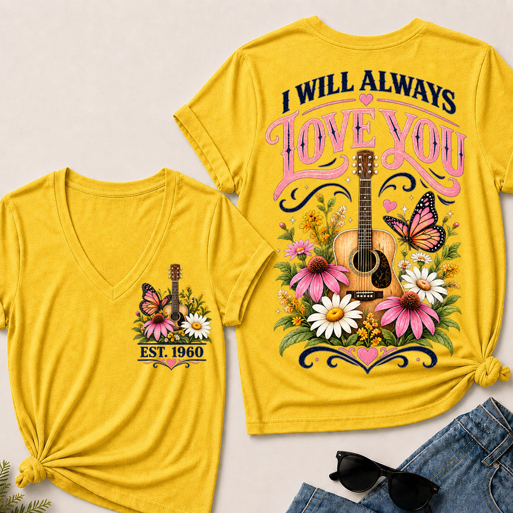 I Will Always Love You – Custom EST.Year Floral Guitar & Butterfly Women’s V-Neck T-Shirt