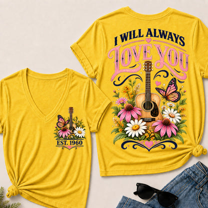 I Will Always Love You – Custom EST.Year Floral Guitar & Butterfly Women’s V-Neck T-Shirt