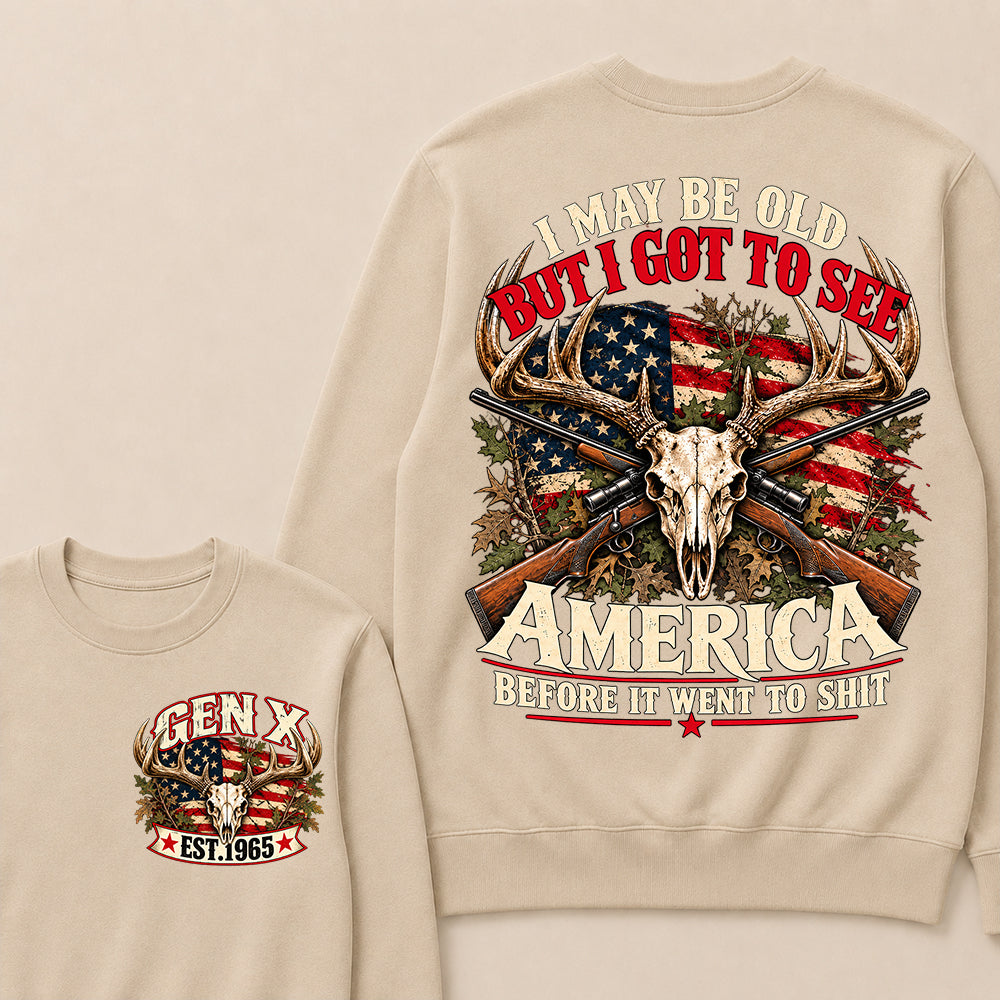 Funny Gen X Hunter Crewneck, Vintage Deer Skull American Flag Tee, Retro 1965 Hunting Gift, Patriotic Hunter Crewneck