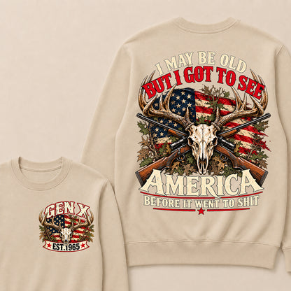 Funny Gen X Hunter Crewneck, Vintage Deer Skull American Flag Tee, Retro 1965 Hunting Gift, Patriotic Hunter Crewneck