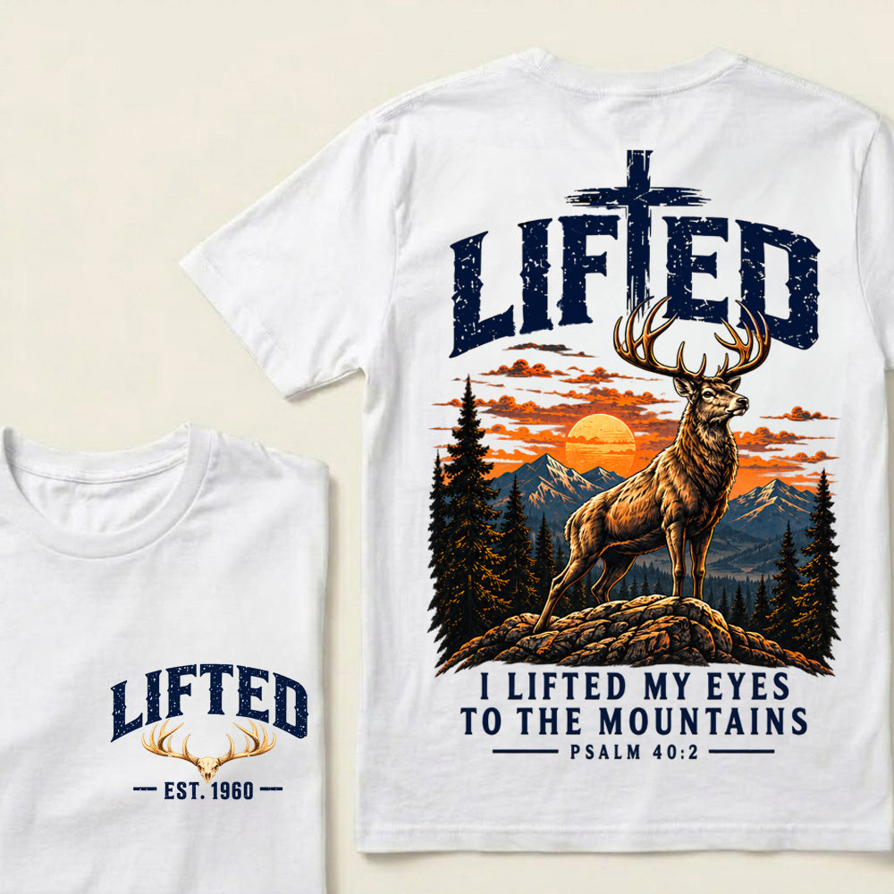 Custom EST.Year Lifted I Lifted My Eyes To The Mountains – Christian Deer & Mountain Graphic Tee