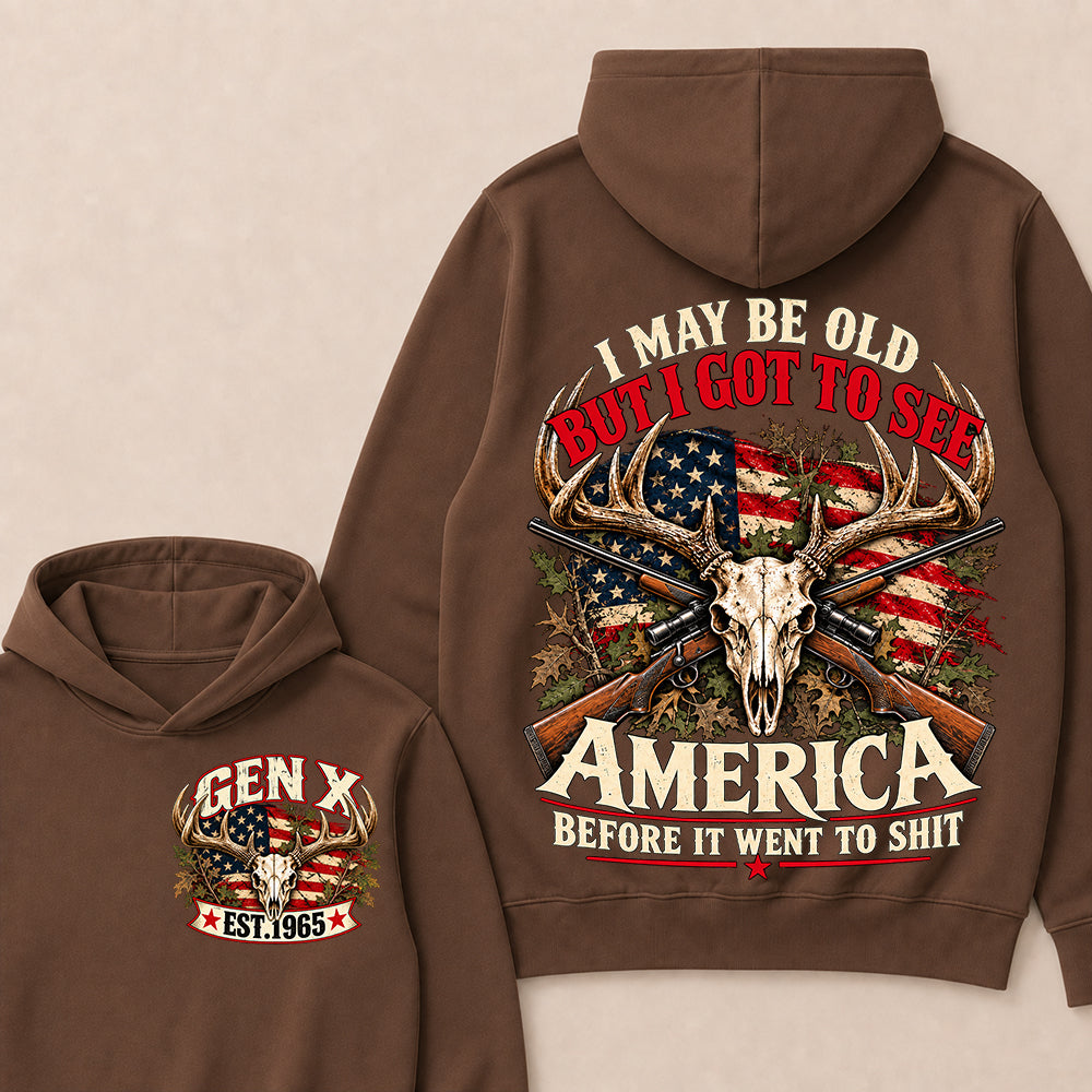 Funny Gen X Hunter Hoodie, Vintage Deer Skull American Flag Tee, Retro 1965 Hunting Gift, Patriotic Hunter Hoodie