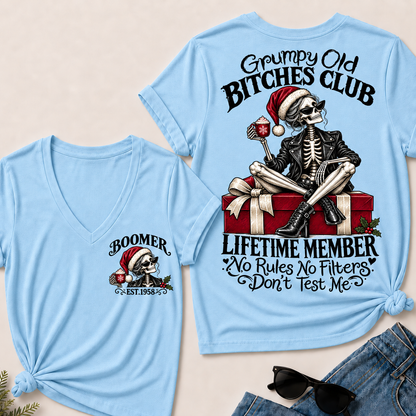 Grumpy Old Bitches Club Lifetime Member – Boomer Custom EST. Year Christmas Skeleton Women’s V-Neck T-Shirt