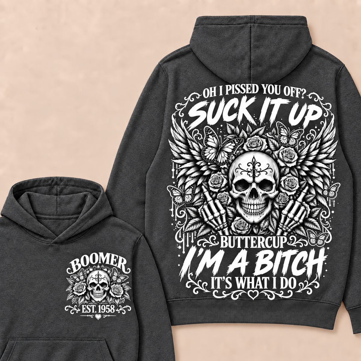 Custom Year Boomer Suck It Up Buttercup Skull Graphic Hoodie