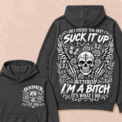 Custom Year Boomer Suck It Up Buttercup Skull Graphic Hoodie