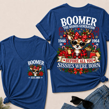 Boomer The Badass Generation – Christmas Reindeer Women's V-Neck T-Shirt
