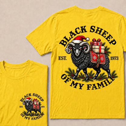 Black Sheep of My Family – Custom EST. Year Christmas Ram & Gifts Graphic T-Shirt