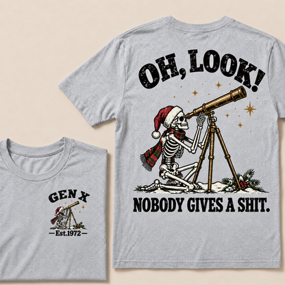 Oh Look! Nobody Gives a Shit – Gen X Custom EST. Year Christmas Skeleton & Telescope T-Shirt