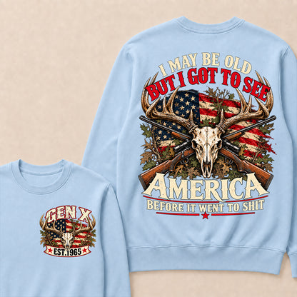 Funny Gen X Hunter Crewneck, Vintage Deer Skull American Flag Tee, Retro 1965 Hunting Gift, Patriotic Hunter Crewneck