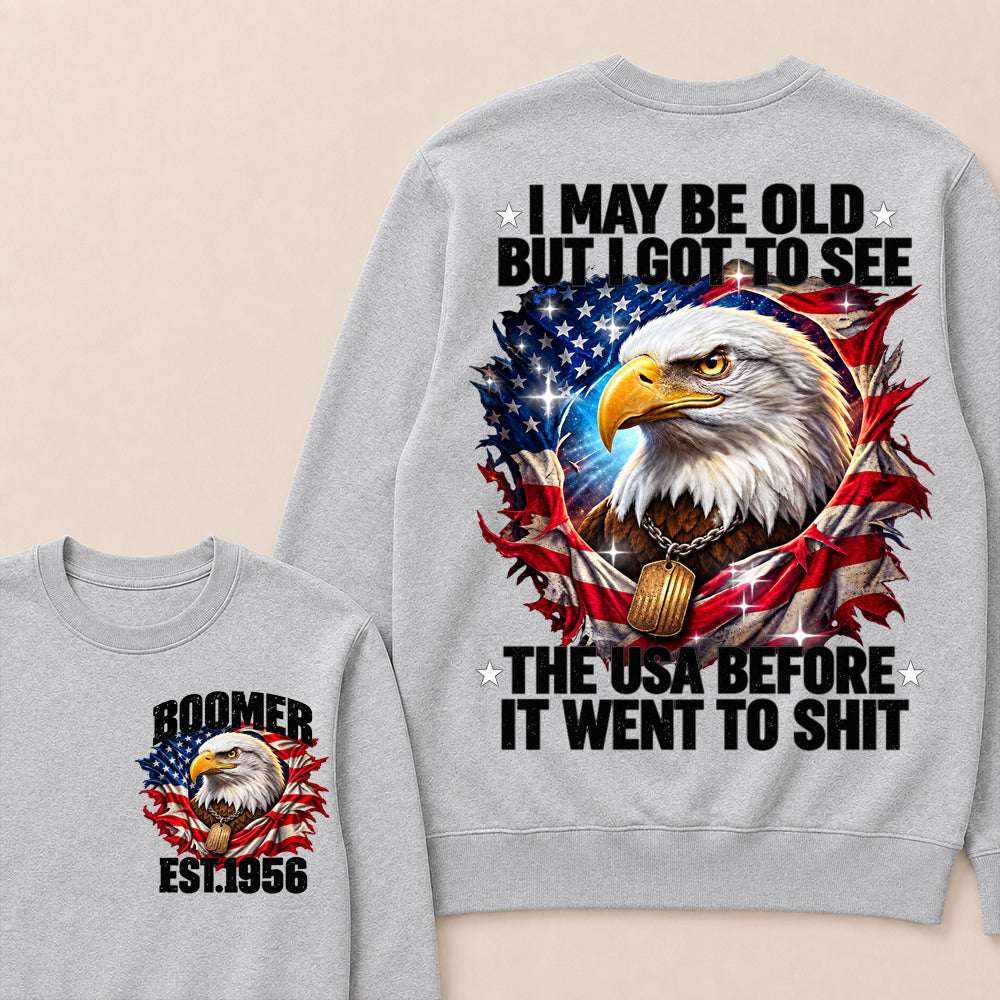 Boomer EST.Year I May Be Old But I Got To See America Longhorn Skull Retro Patriotic Eagle Sweatshirt