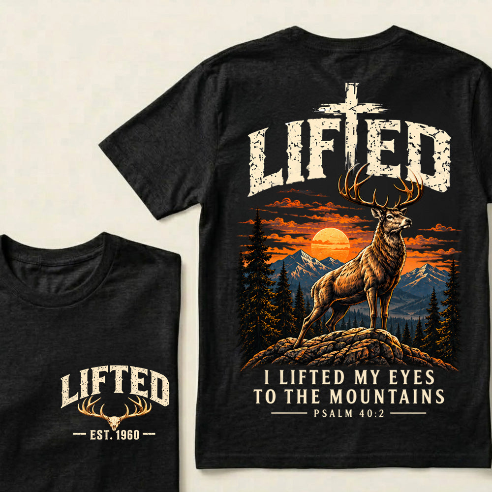 Custom EST.Year Lifted I Lifted My Eyes To The Mountains – Christian Deer & Mountain Graphic Tee