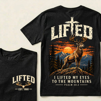 Custom EST.Year Lifted I Lifted My Eyes To The Mountains – Christian Deer & Mountain Graphic Tee