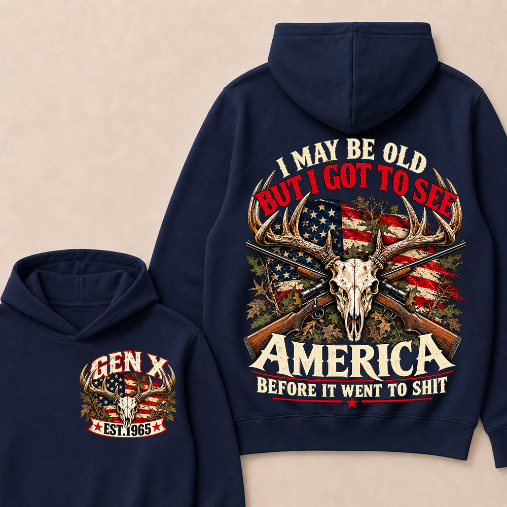 Funny Gen X Hunter Hoodie, Vintage Deer Skull American Flag Tee, Retro 1965 Hunting Gift, Patriotic Hunter Hoodie