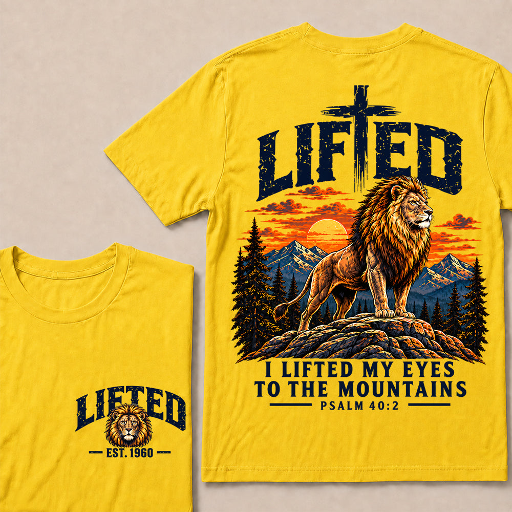 Lifted I Lifted My Eyes to the Mountains – Custom EST.Year Lion & Mountain Christian Graphic T-Shirt