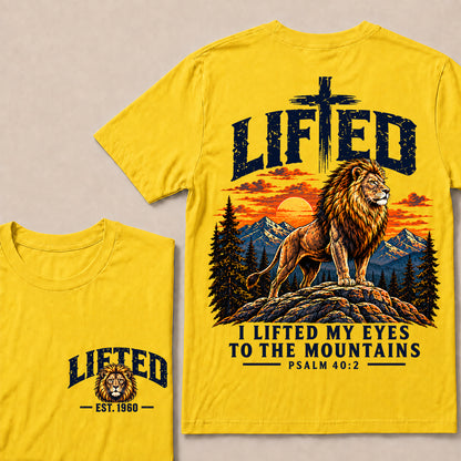 Lifted I Lifted My Eyes to the Mountains – Custom EST.Year Lion & Mountain Christian Graphic T-Shirt