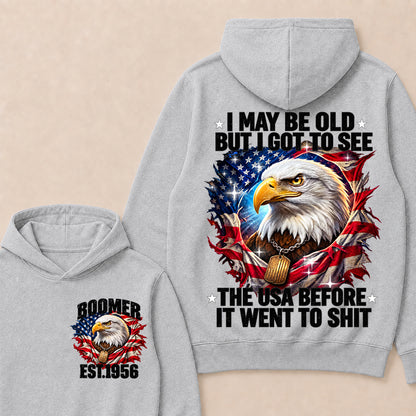 Boomer EST.Year I May Be Old But I Got To See America Longhorn Skull Retro Patriotic Eagle Hoodie