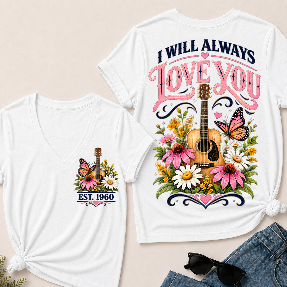 I Will Always Love You – Custom EST.Year Floral Guitar & Butterfly Women’s V-Neck T-Shirt