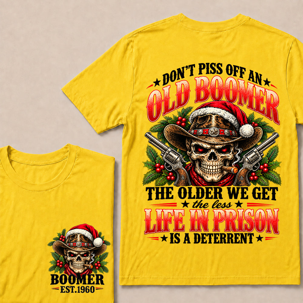 Don’t Piss Off an Old Boomer – Custom EST.Year Christmas Cowboy Skull & Crossed Revolvers T-Shirt
