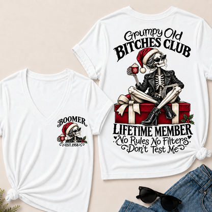 Grumpy Old Bitches Club Lifetime Member – Boomer Custom EST. Year Christmas Skeleton Women’s V-Neck T-Shirt