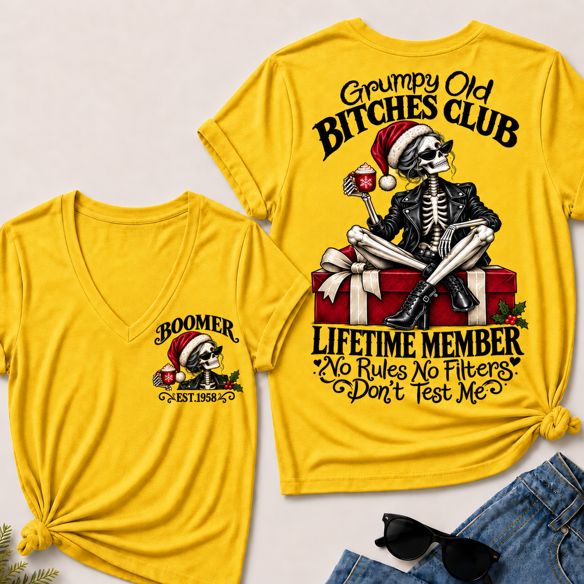 Grumpy Old Bitches Club Lifetime Member – Boomer Custom EST. Year Christmas Skeleton Women’s V-Neck T-Shirt