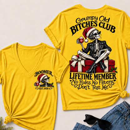 Grumpy Old Bitches Club Lifetime Member – Boomer Custom EST. Year Christmas Skeleton Women’s V-Neck T-Shirt