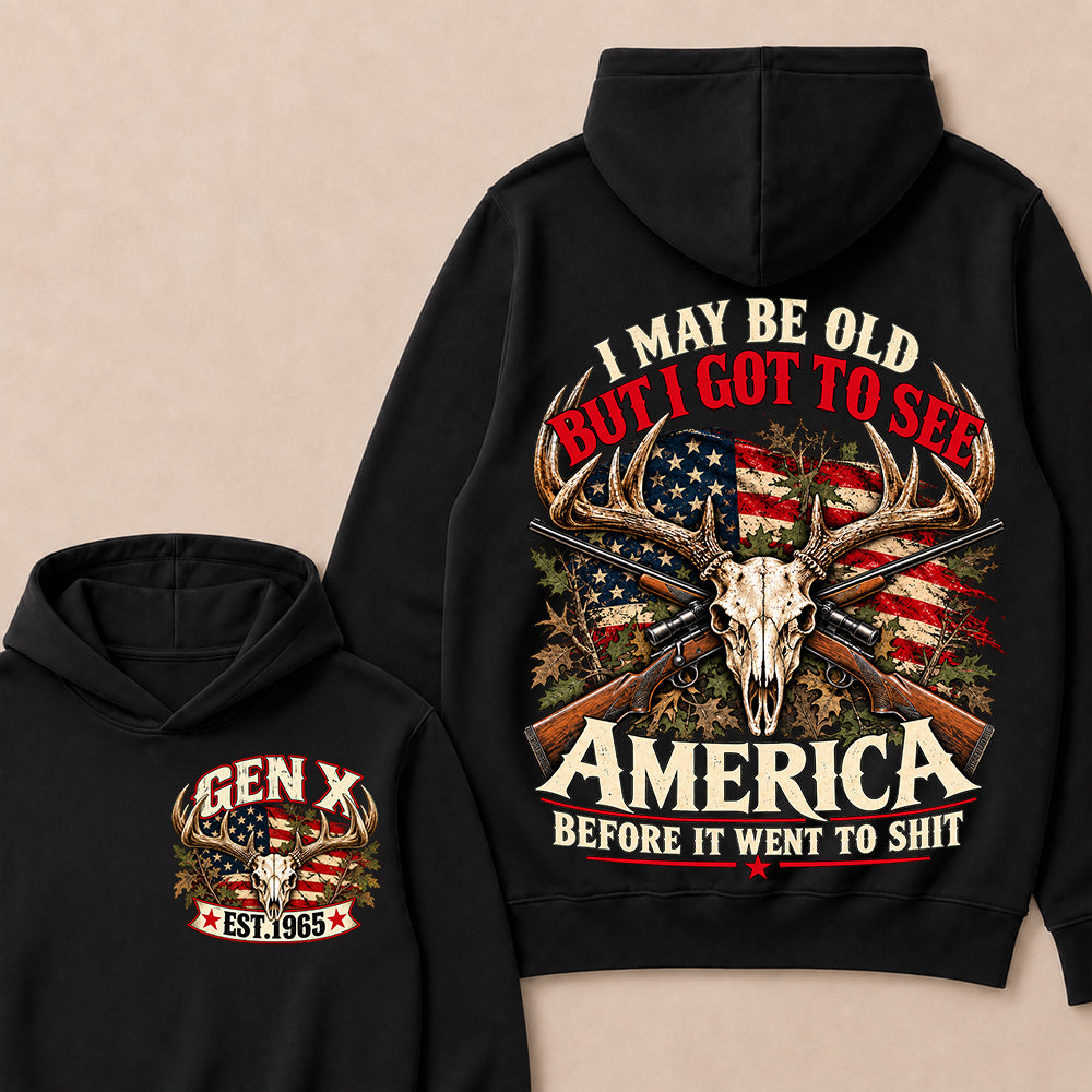 Funny Gen X Hunter Hoodie, Vintage Deer Skull American Flag Tee, Retro 1965 Hunting Gift, Patriotic Hunter Hoodie