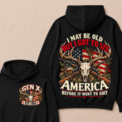 Funny Gen X Hunter Hoodie, Vintage Deer Skull American Flag Tee, Retro 1965 Hunting Gift, Patriotic Hunter Hoodie
