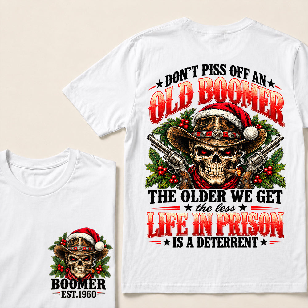 Don’t Piss Off an Old Boomer – Custom EST.Year Christmas Cowboy Skull & Crossed Revolvers T-Shirt