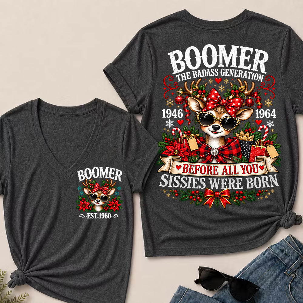 Boomer The Badass Generation – Christmas Reindeer Women's V-Neck T-Shirt