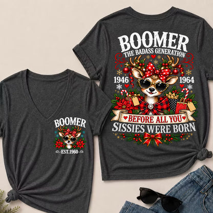Boomer The Badass Generation – Christmas Reindeer Women's V-Neck T-Shirt
