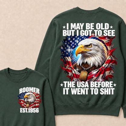 Boomer EST.Year I May Be Old But I Got To See America Longhorn Skull Retro Patriotic Eagle Sweatshirt