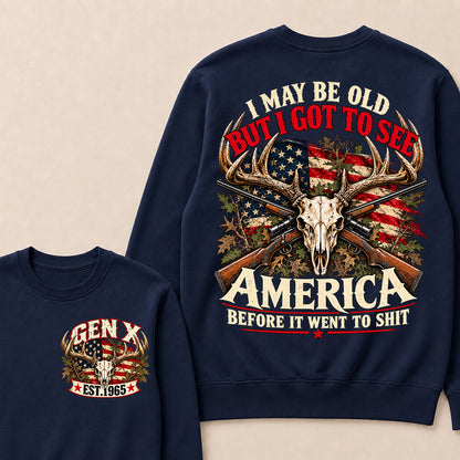 Funny Gen X Hunter Crewneck, Vintage Deer Skull American Flag Tee, Retro 1965 Hunting Gift, Patriotic Hunter Crewneck