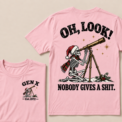 Oh Look! Nobody Gives a Shit – Gen X Custom EST. Year Christmas Skeleton & Telescope T-Shirt