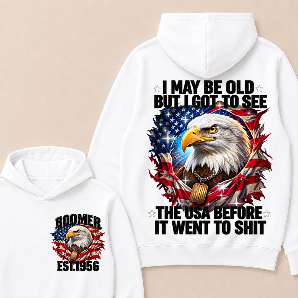 Boomer EST.Year I May Be Old But I Got To See America Longhorn Skull Retro Patriotic Eagle Hoodie