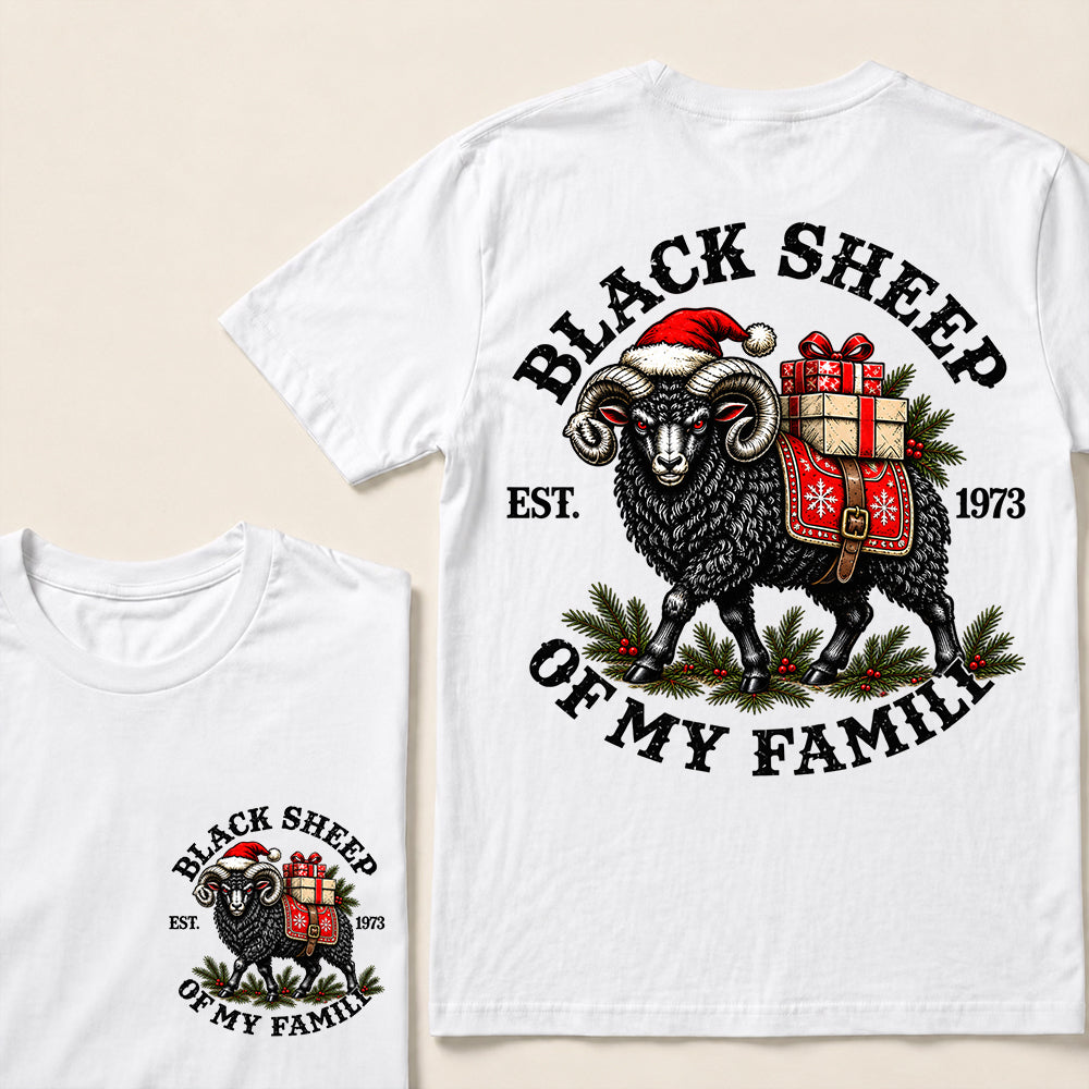 Black Sheep of My Family – Custom EST. Year Christmas Ram & Gifts Graphic T-Shirt