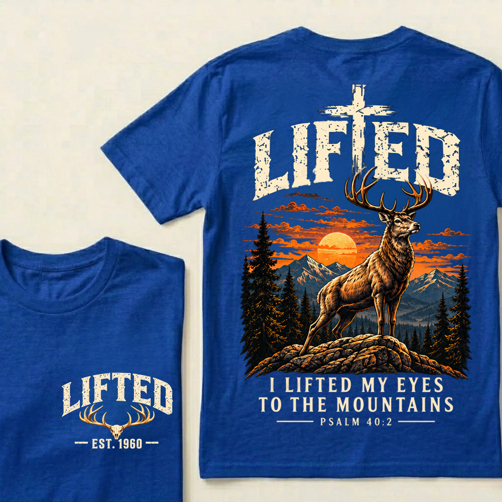 Custom EST.Year Lifted I Lifted My Eyes To The Mountains – Christian Deer & Mountain Graphic Tee