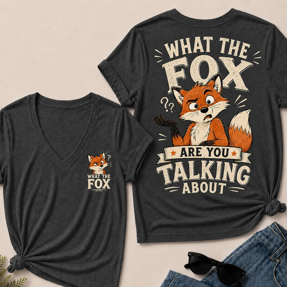 "What The Fox" Confused Shrug V-Neck Tee