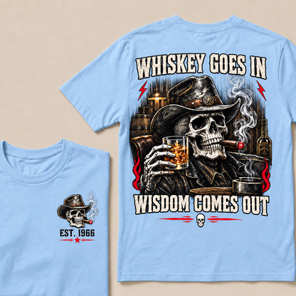 "Whiskey Goes In, Wisdom Comes Out" – EST.1966 Cowboy Skull Graphic Tee, Retro Western Whiskey & Cigar Shirt for Men
