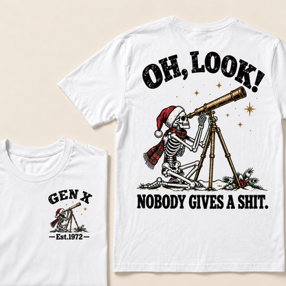 Oh Look! Nobody Gives a Shit – Gen X Custom EST. Year Christmas Skeleton & Telescope T-Shirt