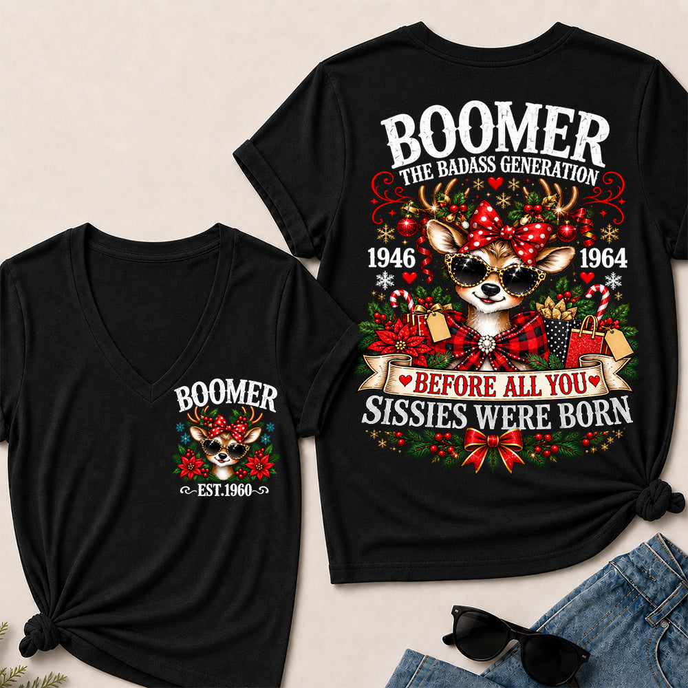 Boomer The Badass Generation – Christmas Reindeer Women's V-Neck T-Shirt