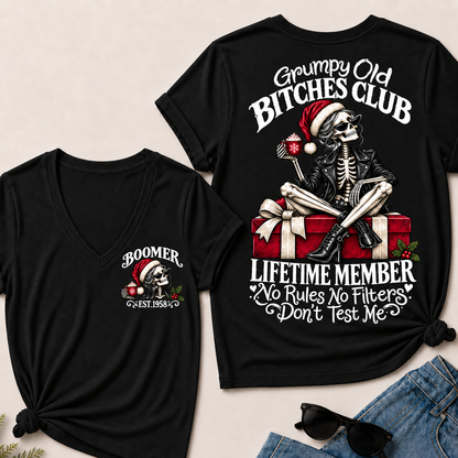 Grumpy Old Bitches Club Lifetime Member – Boomer Custom EST. Year Christmas Skeleton Women’s V-Neck T-Shirt