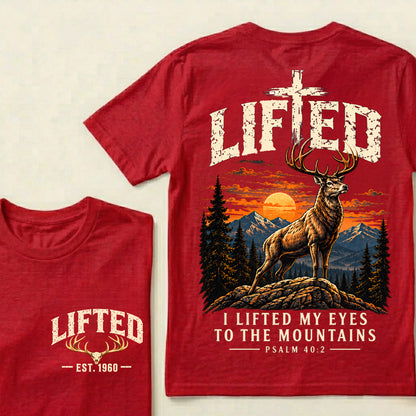 Custom EST.Year Lifted I Lifted My Eyes To The Mountains – Christian Deer & Mountain Graphic Tee