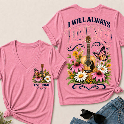 I Will Always Love You – Custom EST.Year Floral Guitar & Butterfly Women’s V-Neck T-Shirt