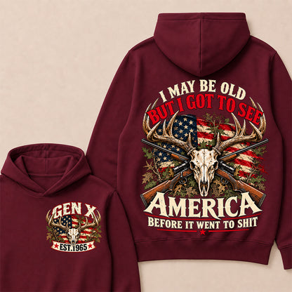 Funny Gen X Hunter Hoodie, Vintage Deer Skull American Flag Tee, Retro 1965 Hunting Gift, Patriotic Hunter Hoodie