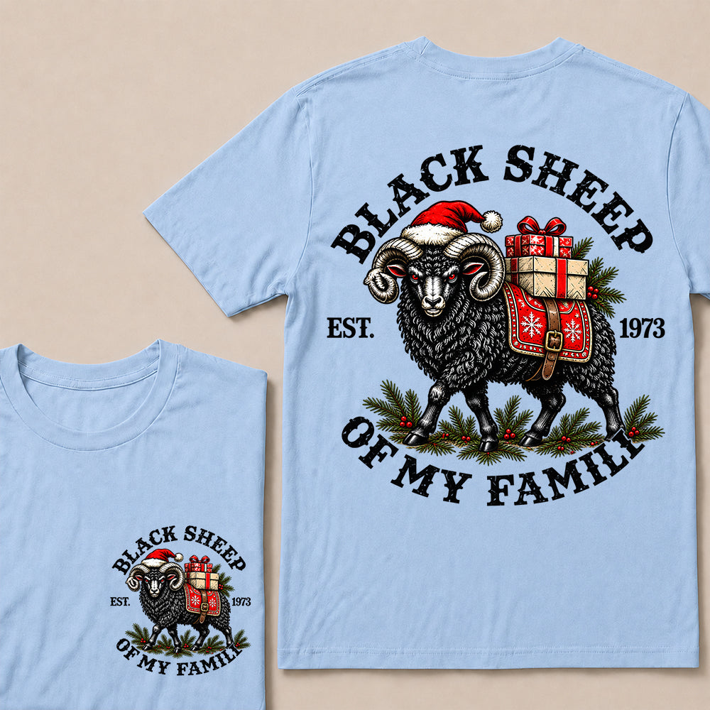Black Sheep of My Family – Custom EST. Year Christmas Ram & Gifts Graphic T-Shirt