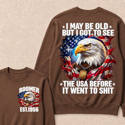 Boomer EST.Year I May Be Old But I Got To See America Longhorn Skull Retro Patriotic Eagle Sweatshirt